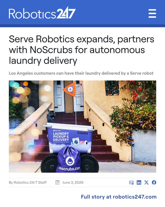 article headline and photo of a serve delivery robot wrapped in NoScrubs laundry delivery branding