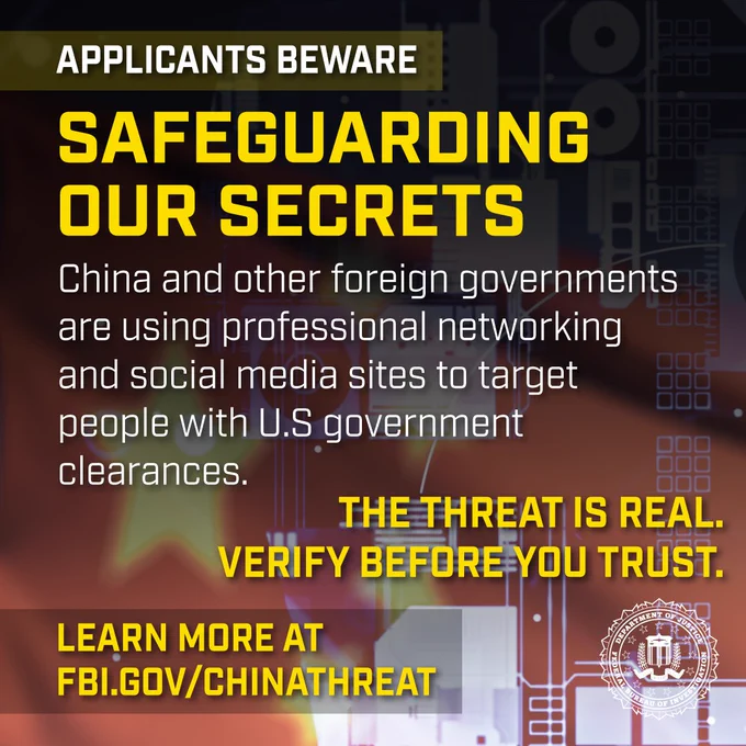 Warning to applicants about foreign governments targeting U.S. clearance holders via social media and networking sites.