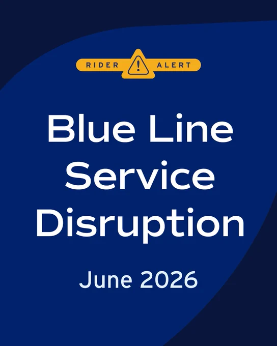 Blue Line service disruption notice with a yellow "Rider Alert" warning icon — June 2026.