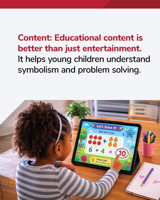 Child is playing an educational game on a table while sitting at a table. Text reads: “Content: Educational content is better than just entertainment. It helps young children understand symbolism and problem solving.” 