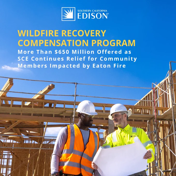 The image shows two construction workers wearing helmets and safety vests. One is holding a blueprint. They stand in front of a wooden structure under a clear blue sky. Above them, text reads: "Southern California Edison. Wildfire Recovery Compensation Program. More than $650 million offered as SCE continues relief for community members impacted by Eaton Fire.