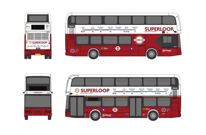 Livery design schematic displaying four perspective views of a red and white Go-Ahead electric double-decker bus featuring the route map and branding for the Superloop SL4 express service.