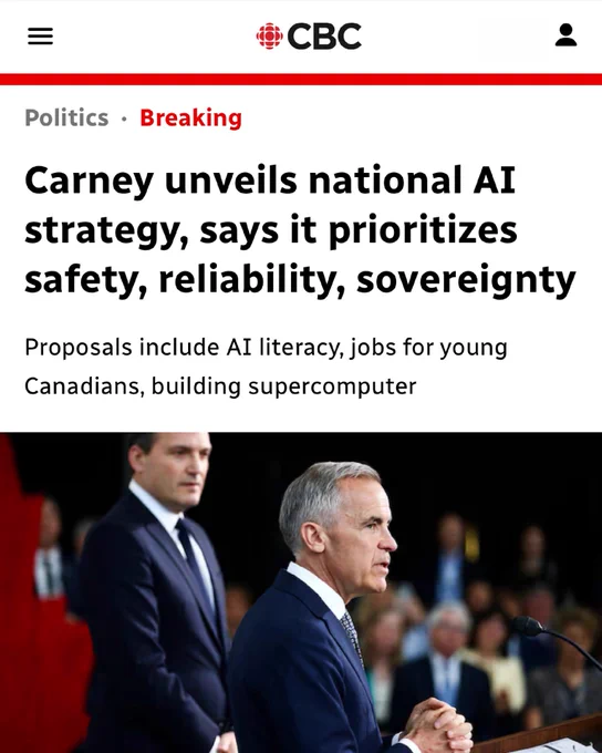 New article that reads: Carney unveils national AI strategy, says it prioritizes safety, reliability, sovereignty