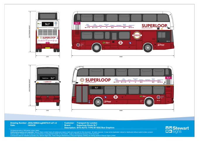 A Stewart Signs technical drawing detailing the graphics, measurements, and Superloop SL7 branding across four views of a red and white BYD electric double-decker bus for Go-Ahead.