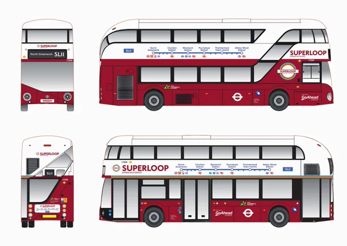 Graphic vehicle illustration showing the front, rear, and side elevations of a red and white Wrightbus New Routemaster bus styled with the Superloop SL11 express service route details and Go-Ahead branding.