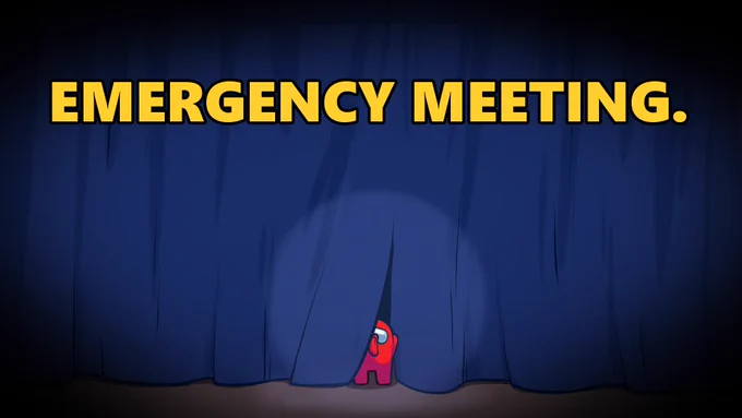 A Red Crewmate is spotlighted on stage and peeks out from behind a large blue curtain. Text on screen says: "EMERGENCY MEETING."