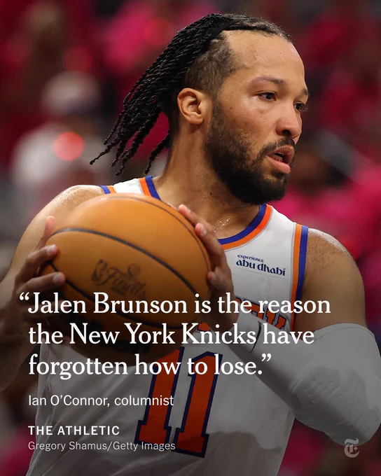 Jalen Brunson holding a basketball. A quote from columnist Ian O'Connor: “Jalen Brunson is the reason the New York Knicks have forgotten how to lose.”