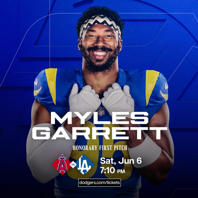 A graphic announcing that Myles Garrett will be throwing out the honorary first pitch on Saturday, June 6 when the Dodgers take on the Angels. 

Purchase tickets at Dodgers.com/tickets.