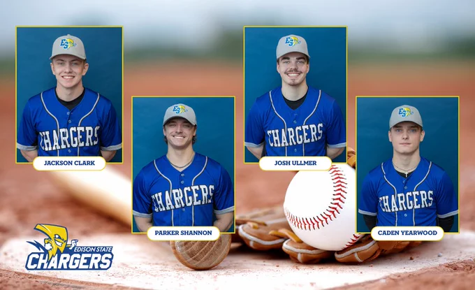 Four Edison State Chargers baseball players in blue jerseys and caps posed against a blurred baseball field background with a glove and ball in the foreground.
