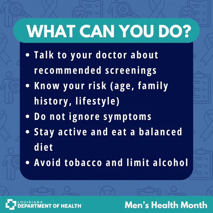 Title reads "What Can You Do." You can talk to your doctor about recommended screenings, know your risk (age, family history, lifestyle), do not ignore symptoms, stay active and eat a balanced diet, and avoid tobacco and limit alcohol.