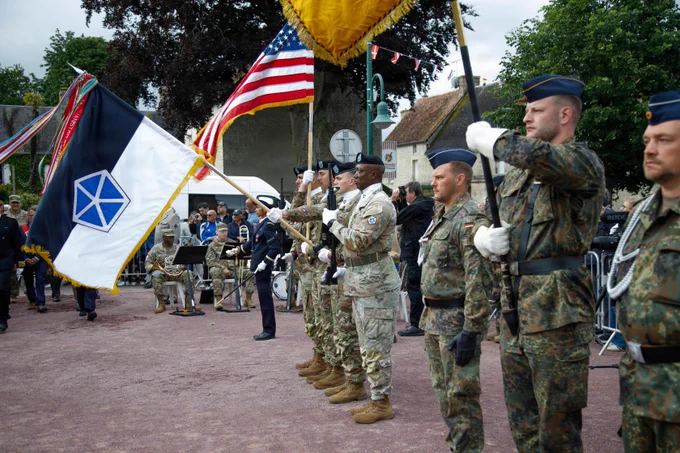 U.S., French, and German Soldiers honored Gen. Eisenhower in Sainte-Mere-Eglise, marking the 82nd anniversary of D-Day with joint ceremonies and remembrance. \uD83C\uDF96\uFE0F