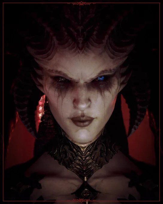 A front-facing portrait of Lilith bathed in deep red light, framed by a red border with thorn embellishments. She has chalk-white cracked skin with dark veining, and is flanked by massive dark textured wings and horns that spread wide and meet to a point above her head. Her left eye is pale gray, her right eye glows blue. Bold red pigmentation surrounds her eyes and cheekbones. Her expression is stern and imposing.\n