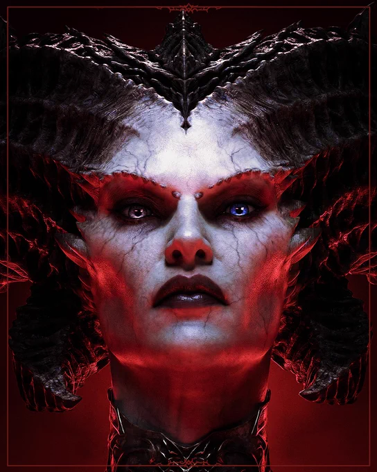 A front-facing portrait of Lilith bathed in deep red light, framed by a red border with thorn embellishments. She has chalk-white cracked skin with dark veining, and is flanked by massive dark textured wings and horns that spread wide and meet to a point above her head. Her left eye is pale gray, her right eye glows blue. Bold red pigmentation surrounds her eyes and cheekbones. Her expression is stern and imposing.\n