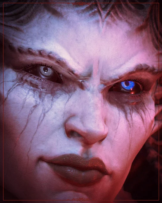 An extreme close-up of Lilith in deep red and blue light, framed by a red border with thorn embellishments. Her pale, heavily cracked and veined white skin is lit dramatically. Her left eye is cool gray, her right eye is blue with a red-tint in it. Dark vein-like lines streak across her cheeks. A subtle, unsettling smirk pulls at the corner of her lips. The top of her forehead shows the base of her horns merging into a dark point.\n
