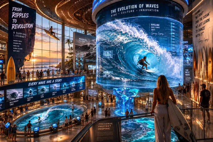 A modern indoor surfing exhibit features digital displays of wave evolution, a surfer in action, and an engaged audience exploring.
