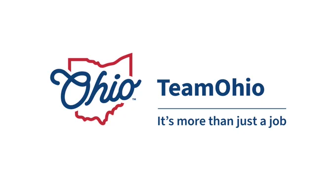 Outline of Ohio state with 'Ohio' scripted inside, accompanied by 'TeamOhio' and the slogan 'It's more than just a job'.