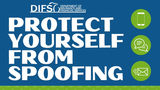Icons of phone, message, and email with text reading, “Protect yourself from spoofing.”