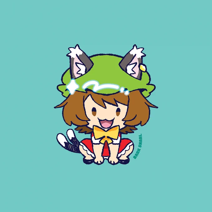 cat girl on all fours with a green bonnet. A character from the game franchise, Touhou