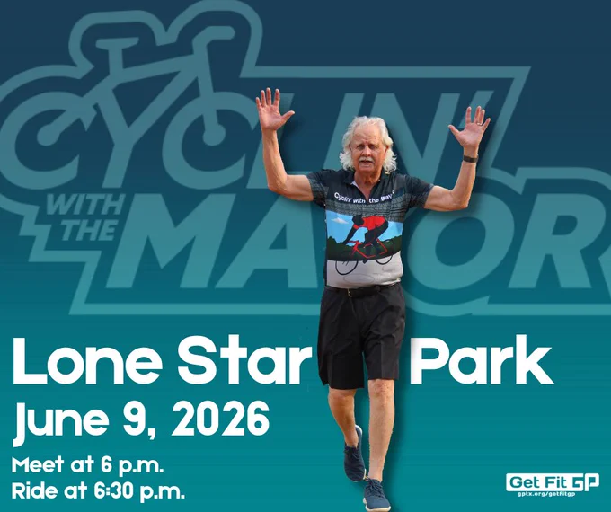 Cyclist raising hands in celebration wearing a cycling jersey against a blue background promoting Lone Star Park ride on June 9, 2026.
