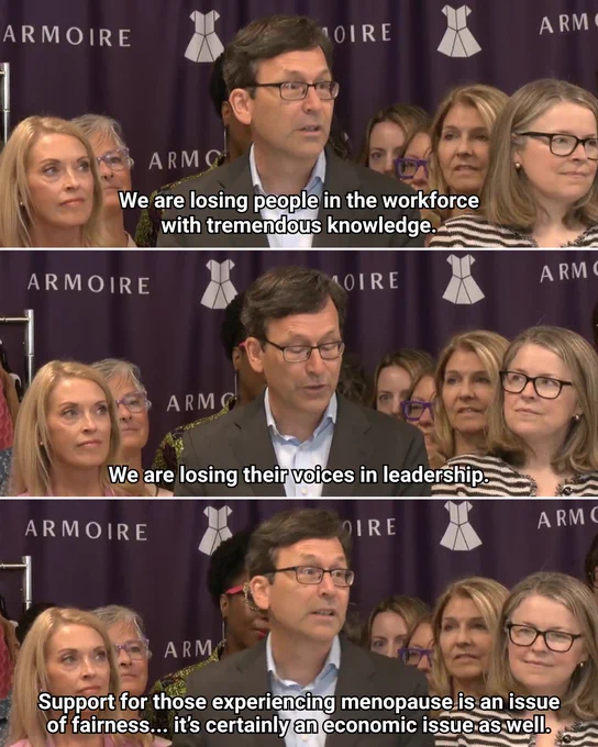 3 part image- top reads: "We are losing people in the workforce with tremendous knowledge." middle: "We are losing their voices in leadership." bottom: "Support for those experiencing menopause is an issue of fairness... it's certainly an economic issue as well." Background of each part is Bob and other individuals at press conference