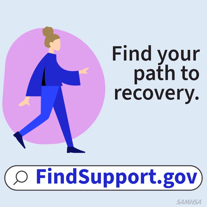 Illustration of a person walking with the text "Find your path to recovery." Below is a search bar labeled "FindSupport.gov." The logo of SAMHSA appears in the corner.