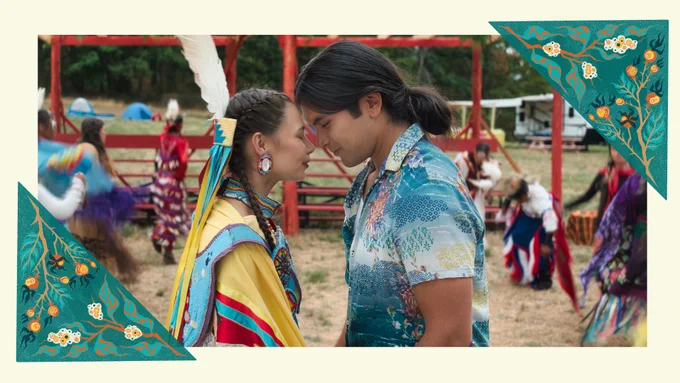 A person wearing traditional Indigenous clothing faces another person in a patterned shirt. They stand closely together in an outdoor setting. The image has Indigenous artwork along the boarders.