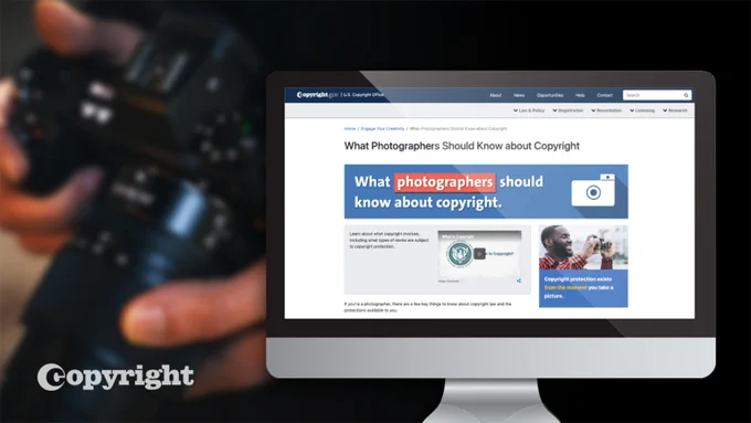 A desktop browser is open to the Engage page on copyright.gov for photographer. Hands holding a camera are in the background. 