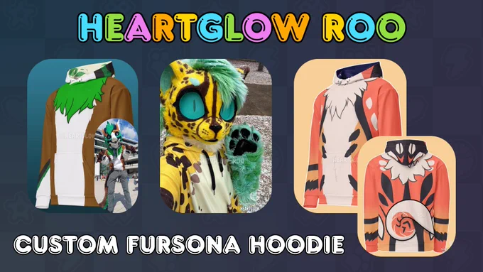 One of the Charity Auction items to bid on: Heartglow Roo's Custom Fursona Hoodie! A cool earthy hoodie and a bright fire dog design illustrate some previous examples of a custom fursona hoodie.