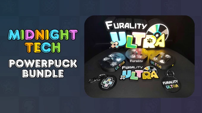 One of the Charity Auction items, Midnight Tech's Powerpack Bundle!

Keychain accessories, a beautiful Furality Ultra logo light fixture, and Ultra-themed powerpack pucks to keep your VR trackers charged for longer! 