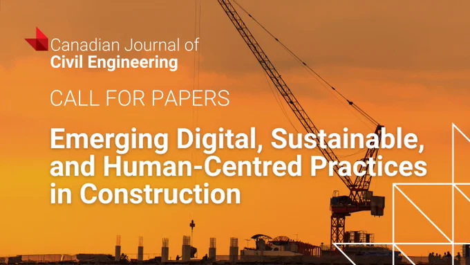 Sunset backdrop with a construction crane highlighting a call for papers on digital, sustainable, and human-centred construction practices.