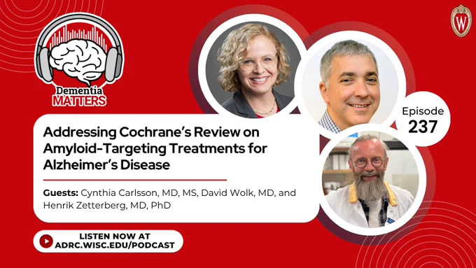 A graphic promoting the latest episode of "Dementia Matters". On the right are photos of guests (from left to right) Dr. Cynthia Carlsson, David Wolk and Henrik Zetterberg. Underneath the podcast logo is the episode title, "Addressing Cochrane’s Review on Amyloid-Targeting Treatments for Alzheimer’s Disease"