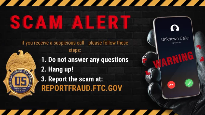 Warning about scam calls advising not to answer, hang up, and report at reportfraud.ftc.gov 