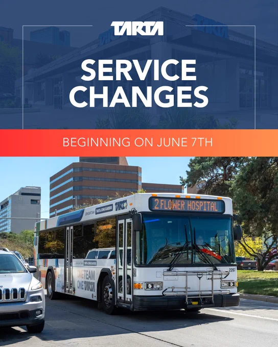 TARTA announcement about service changes beginning on June 7th. The image features a TARTA bus labeled "2 Flower Hospital" on a city street, with buildings and trees in the background.