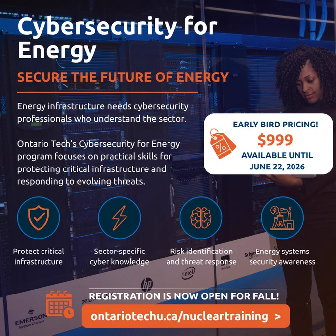 Advertisement for Ontario Tech's Cybersecurity for Energy program with early bird pricing. Highlights practical skills for protecting critical infrastructure.