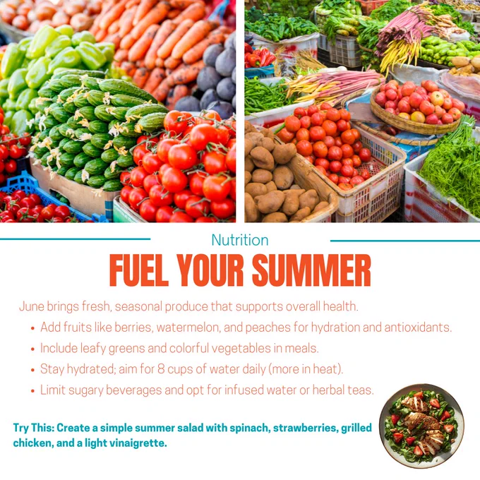 Fresh summer vegetables including tomatoes, cucumbers, carrots, and leafy greens displayed at a vibrant market.