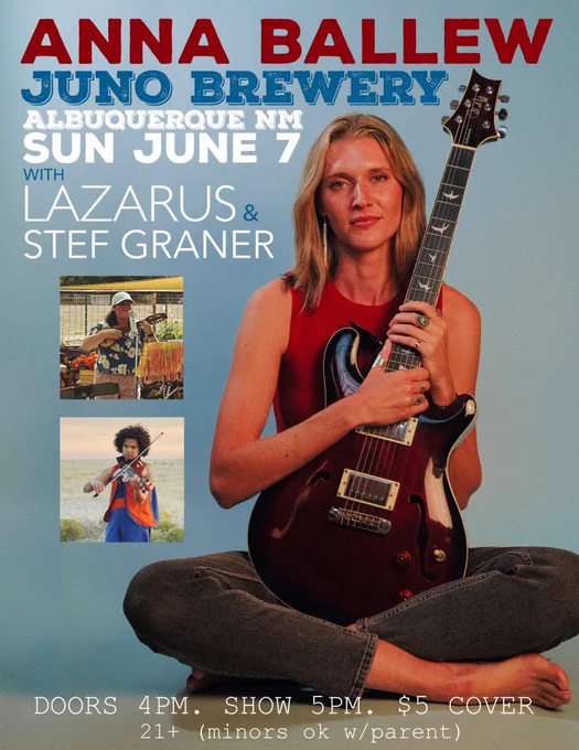 Musician sitting cross-legged holding an electric guitar against a blue background with event details for Anna Ballew at Juno Brewery.