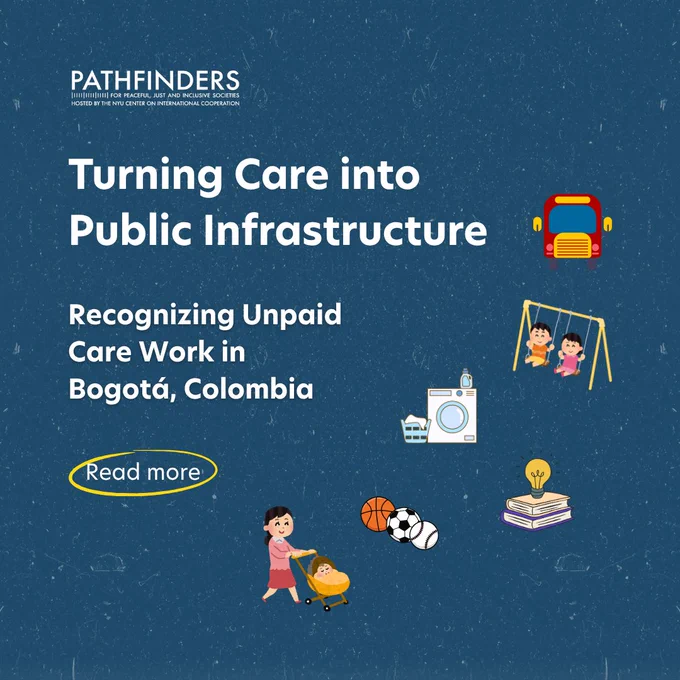 Text: Care Blocks System: Colombia; Turning Care into Public Infrastructure: Recognizing Unpaid Care Work in Bogotá. Read more below. Illustrations of different items (bus, kids on swings, laundry, sport balls, books, and person pushing a stroller).
