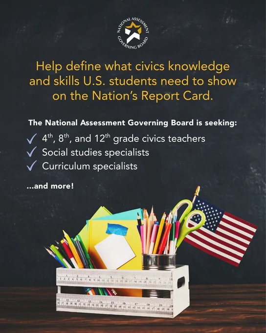 Help define what civics knowledge and skills US students need to show on the Nation's Report Card. 

Seeking 4th, 8th, and 12th grade civics teachers, social studies specialists, curriculum specialists.