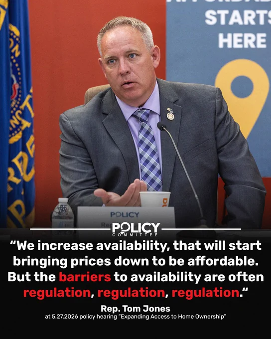 Rep. Tom Jones speaks at a Policy Committee homeownership hearing with quote overlay.