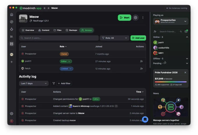 New "Access" tab on the Modrinth Hosting server panel, with a list of invited users, a button to add new users, and an activity log to show when and what you and others are changing on the server.