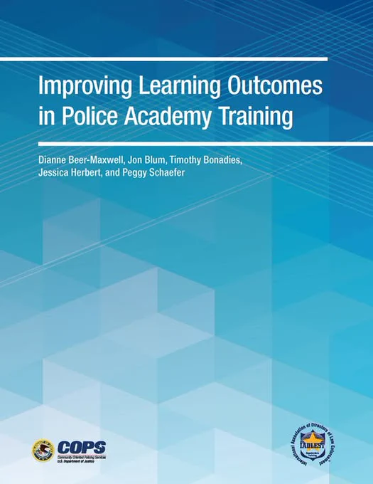 Cover page titled 'Improving Learning Outcomes in Police Academy Training' with authors listed and blue geometric background.