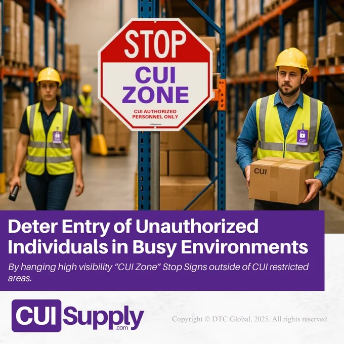 "CUI Zone" Stop Signs are highly effective for enhancing CUI security by marking off secure zones where sensitive information is handled or stored. Placed at entry points, they can deter unauthorized individuals, reducing the risk of accidental disclosure or breaches.