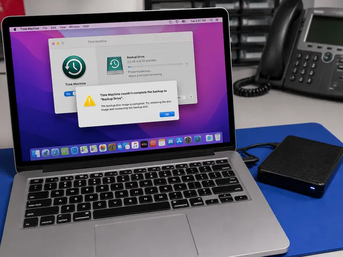 MacBook displaying Time Machine backup error with external drive connected, illustrating failed backups and data recovery issues on macOS systems.