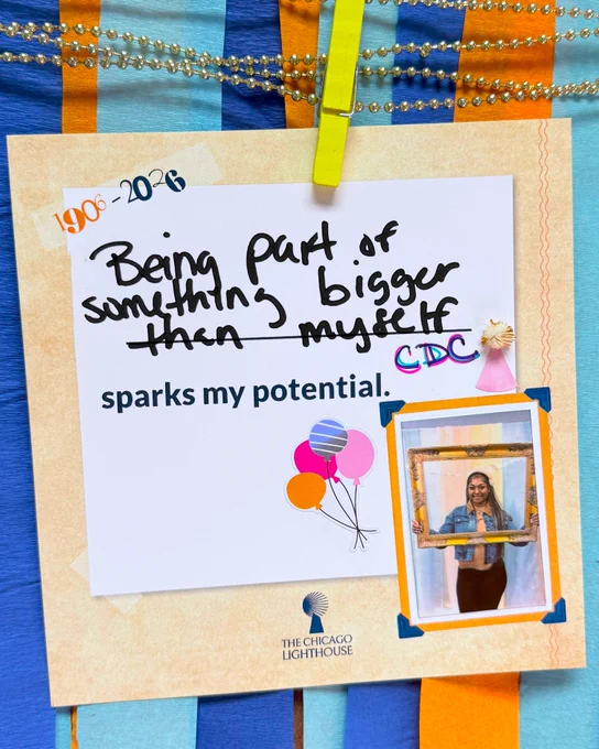A handwritten message reads, "Being part of something bigger than myself sparks my potential." Below the note is a small Polaroid photograph of a person holding a frame. The note and photo are placed on a colorful scrapbook background featuring stripes and beaded decorations. T