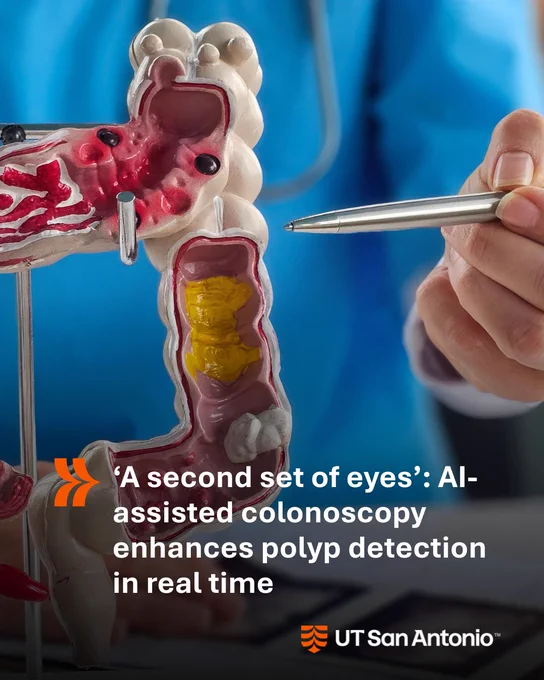 A model of a human colon is being examined with a pen. Text on the image reads: “‘A second set of eyes’: AI-assisted colonoscopy enhances polyp detection in real time.” The logo for UT San Antonio is visible.