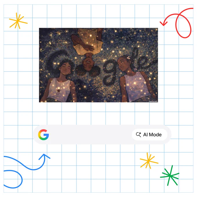 A graphic on a blue grid background featuring the winning Google Doodle illustration. The artwork depicts three young girls lying on the grass looking up at a starry night sky, with their hair spelling out the word "Google." Below the artwork is a mock Google search bar with an "AI Mode" button.