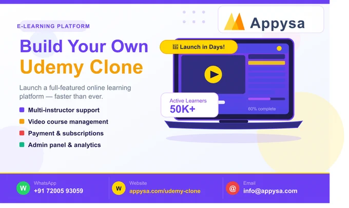 Want to build the next Udemy? Appysa's Udemy Clone gets you there-fast. Launch your e-learning platform today https://appysa.com/udemy-clone/
