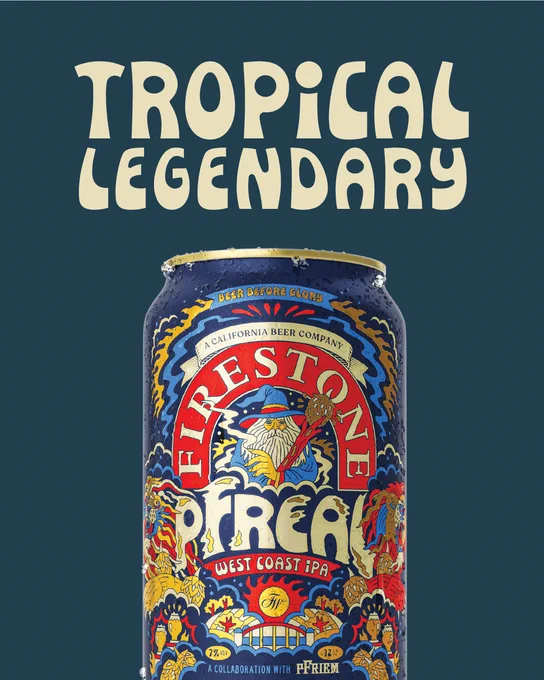 A can of Firestone Walker Brewing Company's "Tropical Legend" West Coast IPA is displayed against a flat blue background, with bold lettering that reads "Tropical Legendary." The can features colorful, intricate artwork with elements like waves and tropical motifs. It notes a collaboration with pFriem.