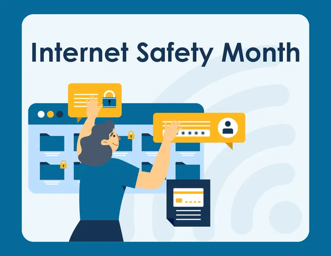 Internet Safety Month - An illustration of a woman interacting with files, usernames, and adjusting her privacy on a light blue background. 