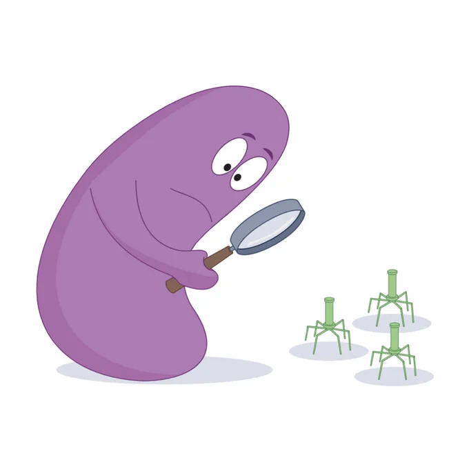 An illustrated purple creature holds a magnifying class. Small green illustrations with six legs sit below. Art credit: Amie Fernandez/Springer Nature Limited